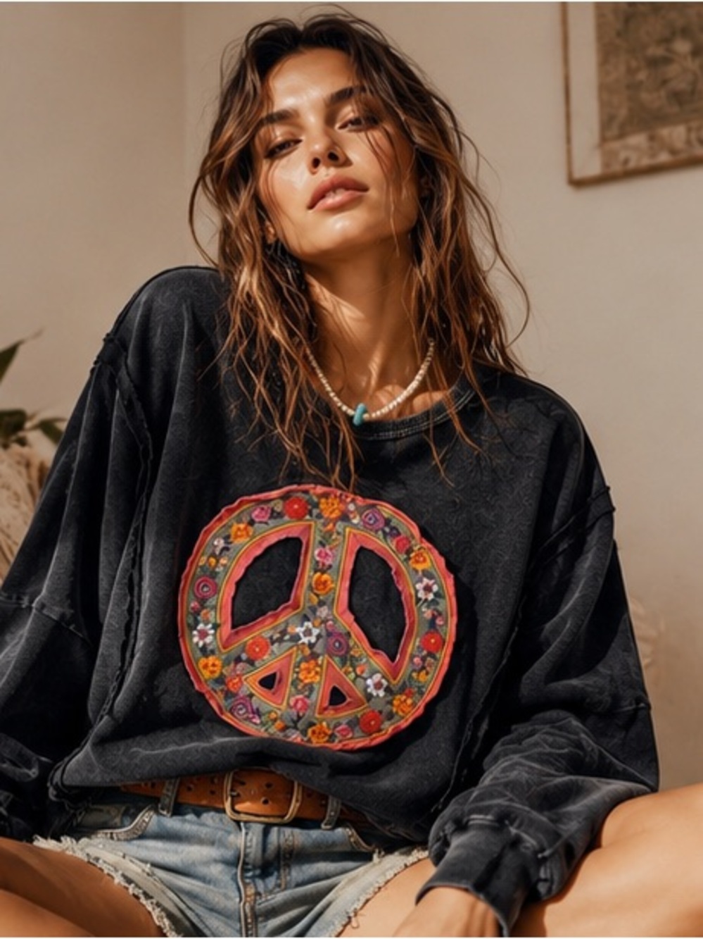Boho Floral Peace Sign Mineral Wash Oversized Sweatshirt Pullover